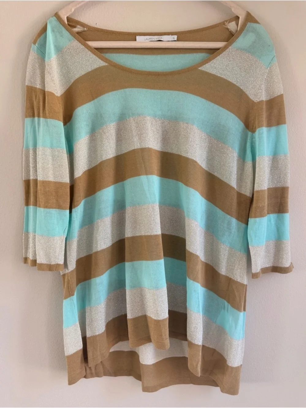 Lauren Vidal Aqua, Tan & Cream Striped Scoop Neck Tunic